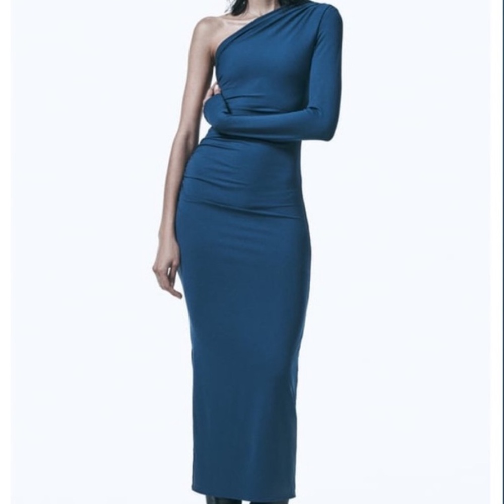 Zara Blue Asymmetric Polyamide One Shoulder Ruched Side Slit Bodycon Dress
